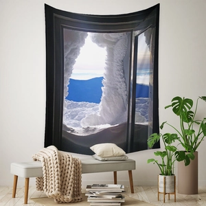 Cozy winter mountain window landscape tapestry hung above a modern minimalist bench