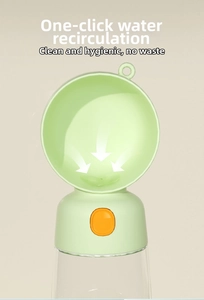 Detail showing the one-click water reflux button and light green pet travel water bottle