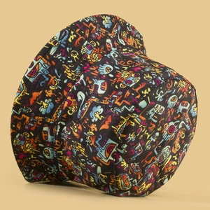 Black canvas bucket hat with colorful monster graffiti prints and reinforced stitching