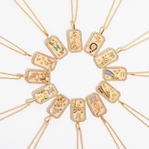 Golden zodiac pendant necklaces set with colorful crystals arranged in a circle