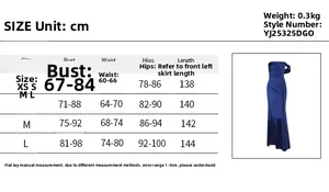 Size chart for off-shoulder slit evening dress showing XS to L measurements and weight details