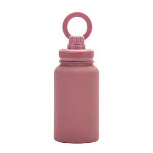 Detail view of the secure sealing screw cap and portable ring handle on a matte pink bottle