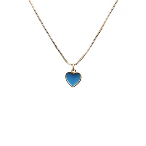 Fashionable gold box chain necklace featuring a small blue enamel heart pendant on white background