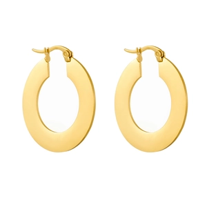 Pair of polished gold stainless steel geometric hoop earrings on a clean white background