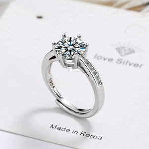 Classic Six Prong Round Zirconia Copper Open Ring For Women Elegant Silver Plated Adjustable Finger Jewelry Wedding Gift