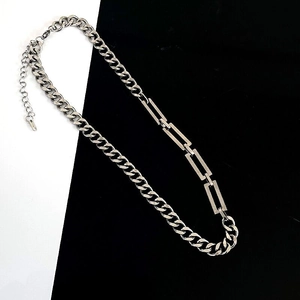 Minimalist silver stainless steel asymmetric necklace with Cuban link and geometric chains