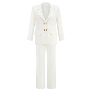 Women's white two-piece business suit with mid-length blazer and straight pants