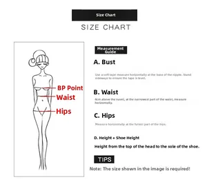 Detailed size chart for mermaid wedding dress measuring bust, waist, hips, and total height