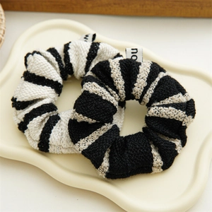 French vintage style tweed striped hair scrunchies set in black and beige tones