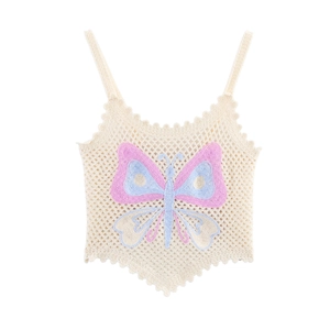 Beige crochet camisole top with sweet butterfly pattern embroidery and wavy scalloped hem
