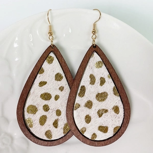 Bohemian teardrop earrings with leopard calf hair wood frames and gold metal hooks