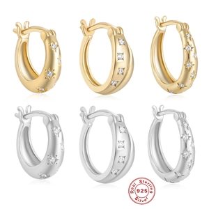 925 Sterling Silver Hoop Earring For Women Star North Star Cubic Zirconia Inlaid Minimalist Dainty Huggie Jewelry
