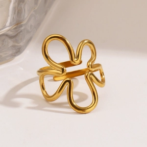 Bague ouverte minimaliste en acier inoxydable doré avec motif fleur ajouré pour femme