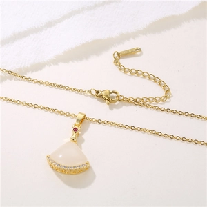 Collier en acier inoxydable doré 18K avec pendentif éventail en œil de chat et gemme
