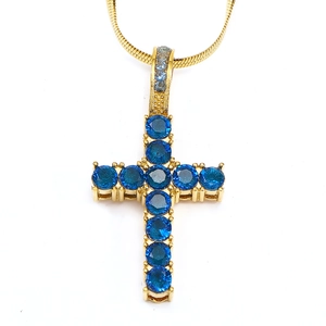 Hip hop gold titanium steel cross necklace with dark blue zircon on a snake chain