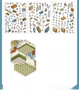 Detailed set of 3D isometric PET stickers featuring surgical room theme and background card
