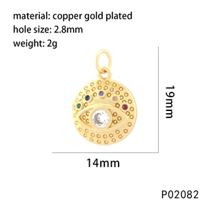 Detailed specs of Evil Eye gold pendant with multi-colored zircons and shell inlay
