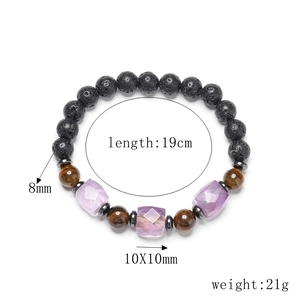 Detail view of 19cm beaded bracelet with purple quartz, tiger eye, and black lava stone