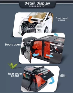 Detail view of model car showing openable hood, side sliding doors and orange interior
