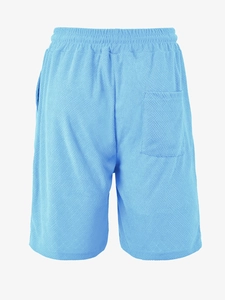 Detail of sky blue knit textured casual shorts showing elastic waist and back pocket
