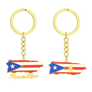 Golden Puerto Rico map keychain set with flag drip oil finish and tree frog relief