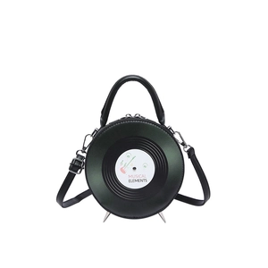 Chic black PU leather record shaped handbag with top handle and detachable shoulder strap