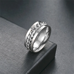 Detailed view of silver rotatable titanium steel chain ring on a textured display box