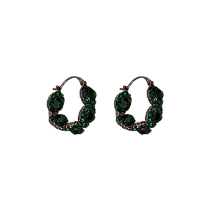 Vintage French hoop earrings with emerald green crystals and dark bronze metal finish