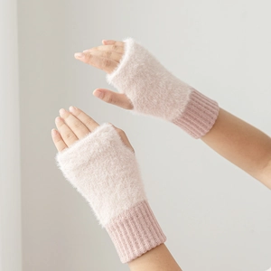 Fingerless Gloves Women Plush Knit Arm Warmers Winter Warm Ribbed Cuffs Faux Mink Fur Office Writing Mittens