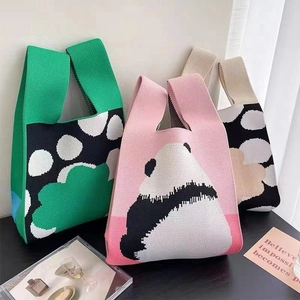 Cute panda knitted tote bags in green floral, pink panda, and black and white styles