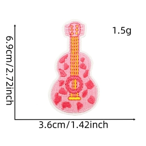Detail of pink leopard print guitar embroidery patch showing size and weight specs