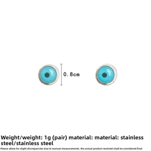 Detailed close-up of blue evil eye stud earrings made of high-quality stainless steel