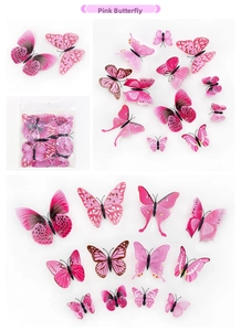 Detailed view of pink 3D butterfly wall stickers in various sizes with packaging set