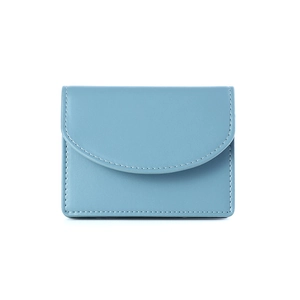 Short light blue PU leather bifold wallet with white stitching and flap closure