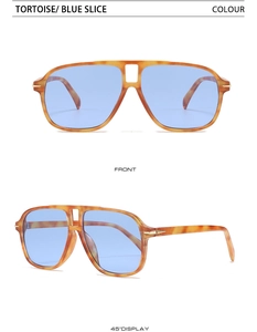 Detail view of oversized tortoise shell pilot sunglasses with translucent blue lenses