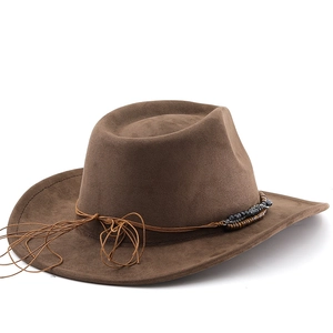 Close-up of dark brown suede cowboy hat with beaded cords and silver chain details