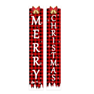 Merry Christmas banner set with red and black buffalo plaid pattern and bells