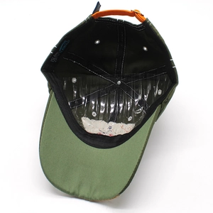 Olive green cotton baseball cap with orange strap and Island Crew Hawaii woven label