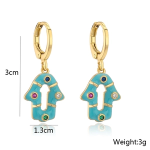 Detailed view of 18K gold plated Hamsa Hand earrings with blue enamel and dimensions