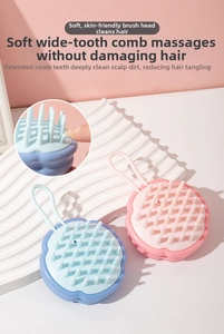 Detail of soft silicone massage brushes in blue and pink with hanging loops