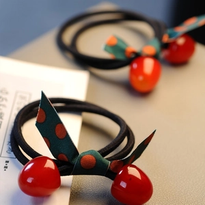 Red cherry elastic hair ties with green polka dot ribbon bows for women hairstyle