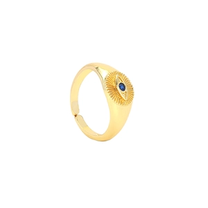 Minimalist gold evil eye open ring with a blue gemstone centerpiece in studio lighting