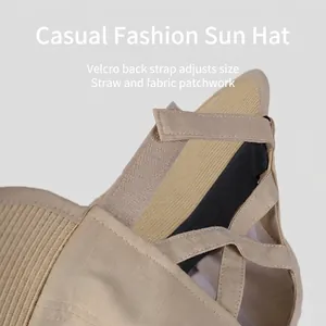 Women's cotton linen sun hat with breathable straw patchwork and adjustable velcro strap