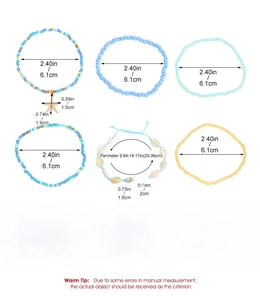 Size chart for 6pcs bohemian anklet set with seashell, starfish, and colorful beads