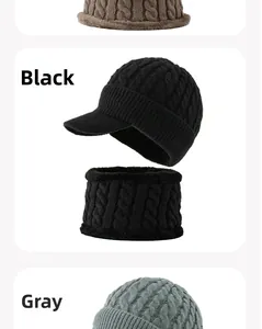 Détails de l'ensemble bonnet et tour de cou en tricot noir et gris avec torsades