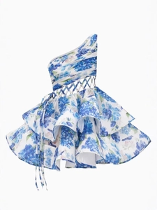 Floral one-shoulder tiered mini dress with cut-out waist tie and voluminous ruffles