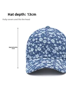 Detail view of denim baseball cap showing 13cm depth measurement and floral pattern