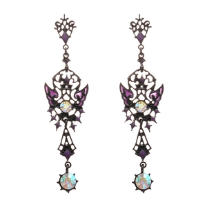 Gothic butterfly drop earrings with purple enamel and iridescent rhinestones on white