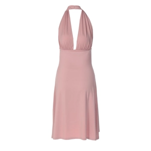Detail of pink backless dress showing deep V-neck, halter neck and ruched waistline