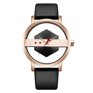 Minimalist skeleton quartz watch with rose gold case and black leather strap for fashion